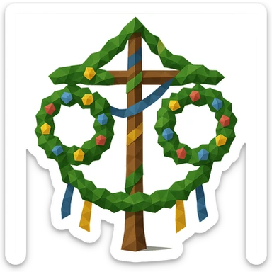 Add traditional Swedish details to the midsommarstång: include a wooden crossbar, two large floral wreaths hanging from the ends, blue and yellow ribbons spiraling around the pole, and a leafy garland draped in a U-shape between the wreaths, maintaining the polygonal style. sticker