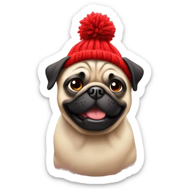 Cheerful pug in a red Knitted hat sticker