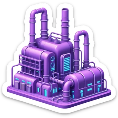 AI-powered factory. It should be a building with pipes. Add light violet neon glowing symbolizing power of AI sticker