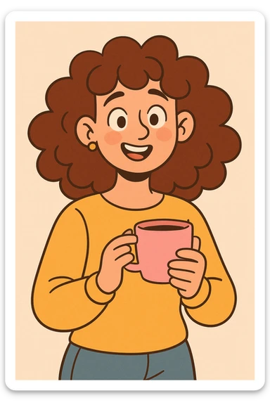 young white woman with curly brown hair, holding a pink coffee cup, soft and warm cartoon style sticker