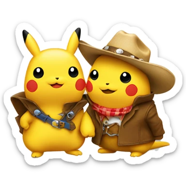Two pikachus facing each other with cowboy hats on sticker