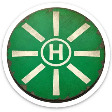 a helipad with a green surface and an H in the center sticker