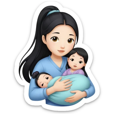 Ponytail chinese girl hugs a newborn baby and a girl sticker