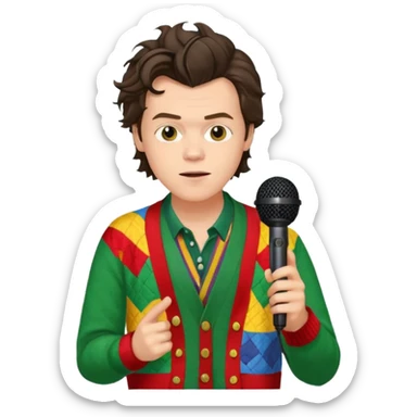 harry styles with a mic, he is wearing a patchwork colorful (red, yellow,green) cardigan sticker