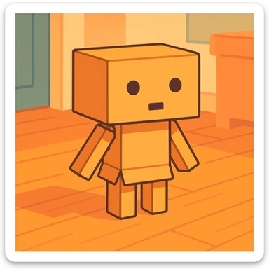 small cardboard robot named Danbo standing alone in the middle of a softly lit room, square head with two round black eyes and a small rectangular mouth, body made of folded cardboard panels, jointed arms and legs, cartoonish style with clean lines and pastel colors, warm wooden flooring, soft shadows, cozy and nostalgic atmosphere sticker