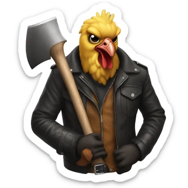 man with a realistic chicken mask wearing a leather jacket while holding an axe sticker