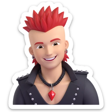 white guy rock singer with red mohawk hair, studded leather necklace, rebellious style, smiling sticker