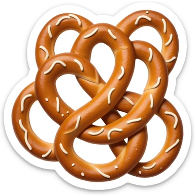 Cinematic Realistic Pretzels Dish Emoji, featuring freshly baked, twisted pretzels with a glossy, salted crust rendered with detailed textures and warm, appetizing lighting. sticker
