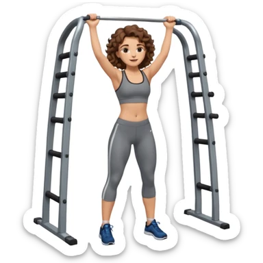 full body, very beautiful italian girl, looking like Emma Watson, with curly and big volume very bright brown hair, workout clothes doing a pullup

 sticker