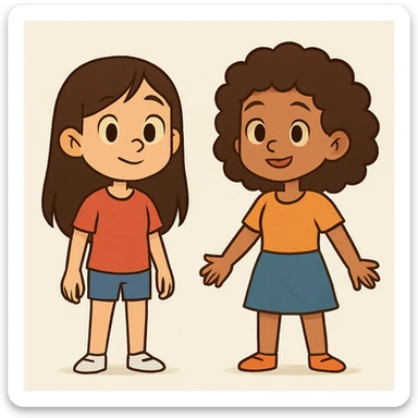 Slightly increase the volume of the upper body of the girl, significantly spread them apart from each other, make the skin color the same for both characters, keep the cartoon style as in the reference image. sticker