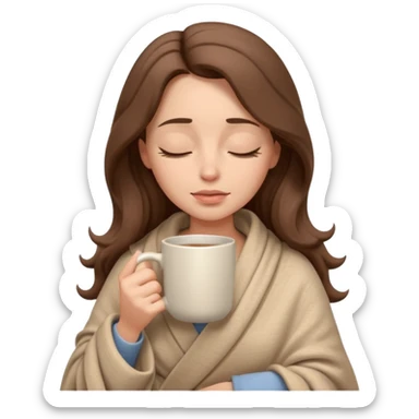 emoji-style illustration of a pretty relaxed woman with long wavy brown hair, wrapped in a cozy beige blanket, holding a mug cup, eyes closed, sad and a bit anxious expression, soft 3D cartoon rendering, warm and comforting mood, plain background
 sticker