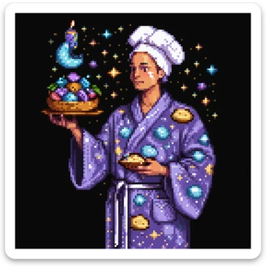 Portrait of a surreal baker floating among stars, wearing a galaxy-patterned robe, holding stardust ingredients, skeuomorphism style sticker
