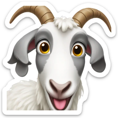 a grey and white goat making an extremely silly face with the tongue all the way out sticker