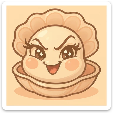 Enhance the mischievous expression of the oyster even more, keep the eyes very expressive and luminous with elegant eyelashes. Emphasize pastel tones with pearly, cream, peach, and greige shades very pronounced. Maintain the large shell and the small oyster. Keep the pastel toon style and the background as is. sticker