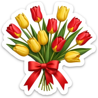 bouquet of tulip with red bow and yellow wrapping paper sticker