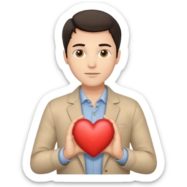 A white handsome man with dark hair and beige clothes with beige heart in his hands sticker