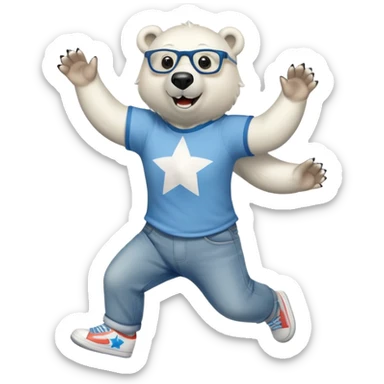friendly anthropomorphised polar bear jumping and looking excited, wearing a shirt, jeans, trainers, star-shaped glasses sticker