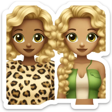 tanned girl with curly blonde hair with highlights. leopard top and black cat with green eyes sticker