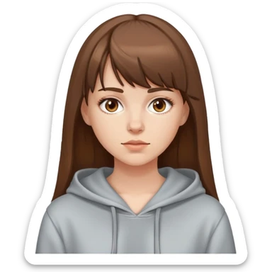 white girl with brown hair, bangs, wearing a hoodie sticker
