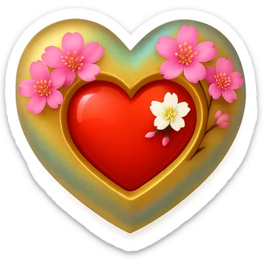 Make the sakura petals huge, keeping the gold, silver, and rainbow shimmer highlights on the heart with a sakura blossom overlay. The style should resemble apple emoji style with no background. sticker