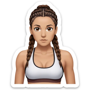 Melanie chisholm with two dark brown french braids parted down the middle, wearing a sports bra sticker
