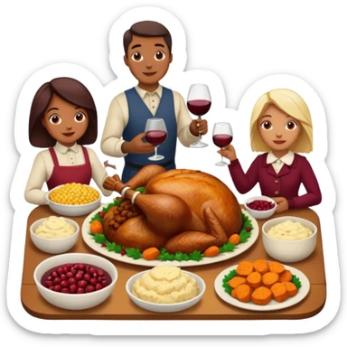 Thanksgiving Dinner with 10 people of different skin color around the table; have the food be a cooked turkey, mashed potatoes, corn, a basket of biscuits, a small bowl of cranberry sauce, baked yams, steamed vegetables, and a bottle of wine. sticker