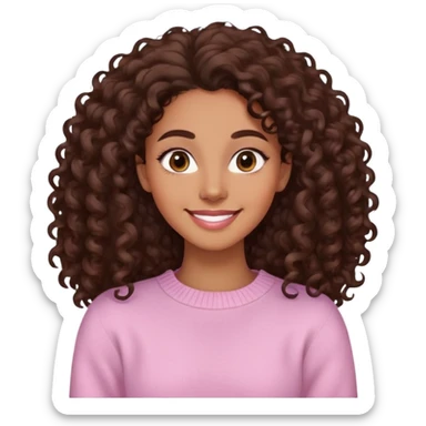 Mujer piel light brown canela, cara ovalada, cejas definidas, pelo súper largo rizado marron oscuro, raya al lado. Sonrisa amplia, expresión suave-alegre. Sweater largo rosado claro. sticker