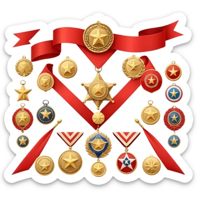 Icon for Collecting Orders, Medals & Badges: a variety of vintage orders, medals and badges, displayed neatly on a big red pennant or in a display case. The icon should reflect the honor and historical significance of these collectible items. Transparent background. sticker