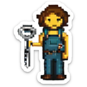 Technical pixel art badge with colorful stick figure holding car tool key sticker