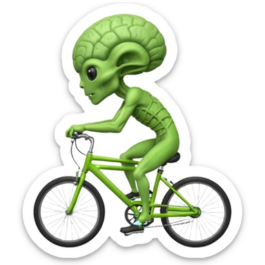 big-brain alien riding a bicycle, oversized head, visible brain texture, intelligent but clumsy cycling pose, sci-fi cartoon vibe, 3D cartoon, mobile game icon style, clean background, no text, no watermark
 sticker