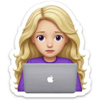 lady with long blonde wavy hair, purple top throwing her with a laptop looking tired sticker