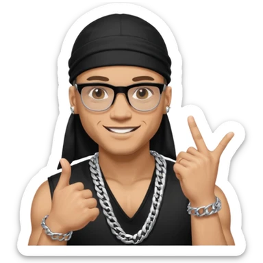 lightskin man with a black durag,a cuban link chain,glasses, and smiling flexing grills with crossed arms but with one arm up and pinky finger touching grills  sticker