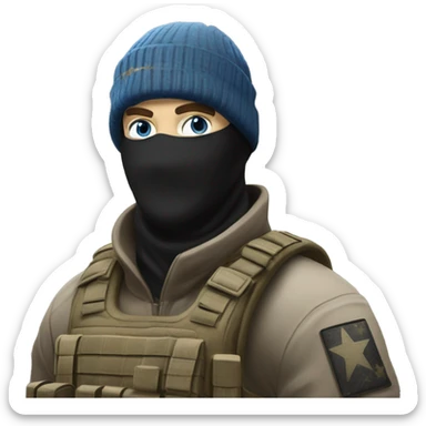 White male, call of duty black mask, camo tactical gear, tan combat boots, black beanie, blue eyes sticker