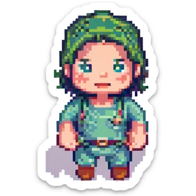 kid making a 'no deal' gesture, retro and blocky pixel art style sticker