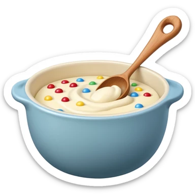 a cream ceramic mixing bowl with a wooden spoon stirring sticker