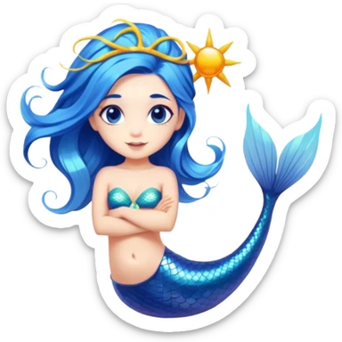 Cinematic Realistic Blue Hair Mermaid Portrait, depicted with lifelike, sun-kissed tanned skin that exudes a warm, radiant glow under gentle underwater lighting. Her intricately detailed, flowing blue hair cascades like a waterfall of ocean hues, framing deep, mesmerizing eyes that capture the vibrant spirit of the sea. Adorned with a shimmering tail and delicate tropical accents, the portrait features an enchanting underwater glow that blends realism with mythic coastal allure. sticker