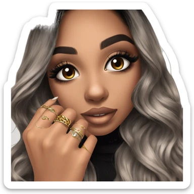Glamorous, streetwear, black balayage hair, long wavy hair, olive skin, brown almond eyes, winged eyeliner with big lashes, wearing hooped earrings, rings and bracelets  sticker