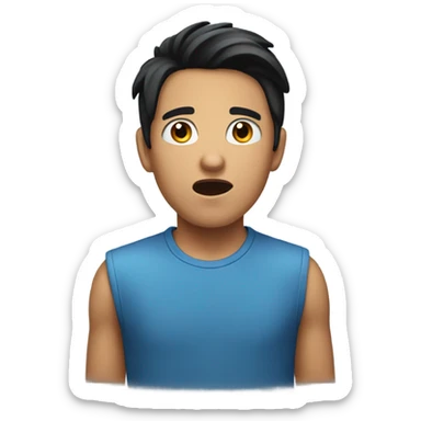An emoji of a young man with black hair, wearing a blue top, looking very surprised. sticker