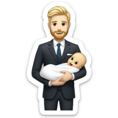 sharp dressed white man with blonde hair and a beard holding a newborn baby boy sticker