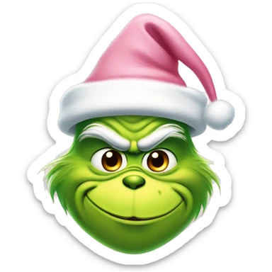 grinch face with a smirk wearing a light pink santa hat sticker