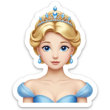 Cinematic Stunning Cinderella Portrait Emoji, Radiant in her sparkling blue ball gown, golden hair in a perfect updo, soft blue eyes full of wonder, glistening tiara, glowing with an ethereal beauty, regal yet kind, a dreamlike aura surrounds her, capturing the essence of a fairy tale princess, elegant and breathtaking! sticker