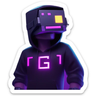 Minecraft steve wearing a black hoodie with "OMG" letters on it and VR headset in a cyberpunk VR environment with violet neon lighting. sticker