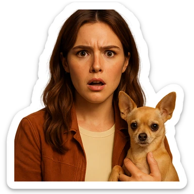 Portrait for Instagram profile picture inspired by the facial features visible in the reference images, with a tanned complexion, subtle freckles, wearing a shirt in color #FFF8CA and a rust-colored jacket, medium-length brown hair with auburn highlights, shocked and indignant expression, holding a beige-brown chihuahua, in the style of a Netflix series, transparent background, intimate Tenerife ambiance. sticker