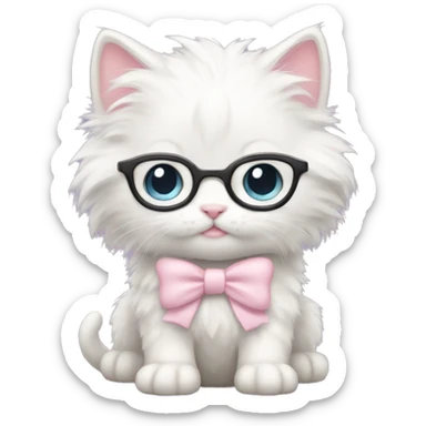 white fluffy nerdy kitten with pale pink bow sticker