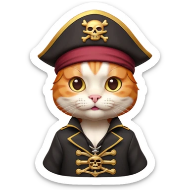 Premium 3D emoji icon of a cute ginger cat pirate, wearing a **burgundy red** pirate hat with a gold skull icon, and a black and gold captain's jacket. Glossy finish, claymorphism style, soft studio lighting, isolated on white background, 8k resolution, stylized professional look --v 6.0 sticker