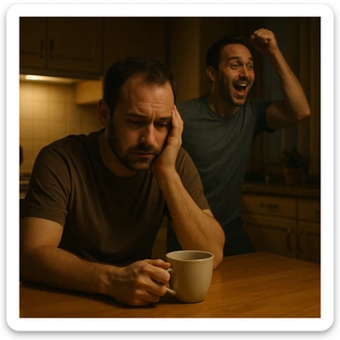 A man sitting at a kitchen table in the evening, staring at a cup of tea, with a subtle double exposure of a more energetic version of himself in the background, representing a 'what if' scenario after a diagnosis. Cinematic, emotional realism, symbolic duality, soft lighting, hyperrealistic 4K. sticker