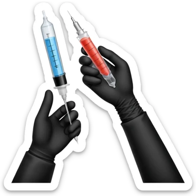 mano con guante medico de color negro sosteniendo una jeringa sticker