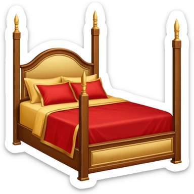bed with red and gold sheets, wooden sticker