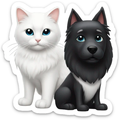A white cat wearing a pink bow next to a black dog with a black Cowboy hat sticker