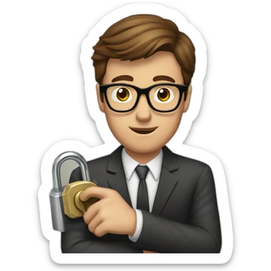 brown-haired classy man wearing glasses struggling to fit a key into a lock sticker